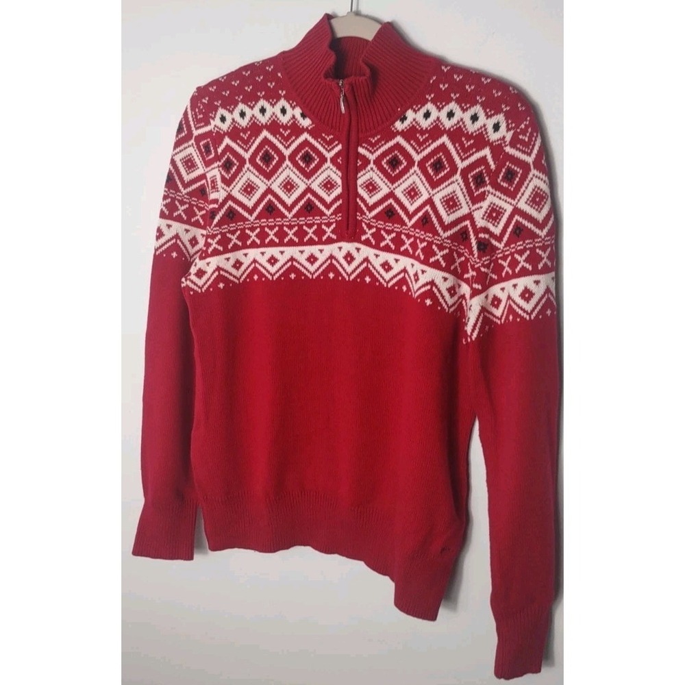 Red Fair Isle Geometric Print Knit Sweater Quarter-Zip VTG L‎ Cozy Warm Holiday